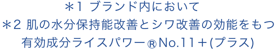 ＊1 ブランド内において ＊2 肌の水分保持能改善とシワ改善の効能をもつ有効成分ライスパワー®No.11＋(プラス)