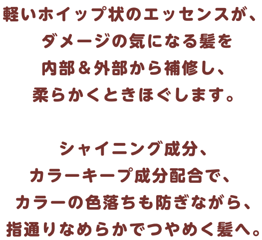 軽いホイップ状のエッセンスが、ダメージの気になる髪を内部と外部から補修し、柔らかくときほぐします。シャイニング成分、カラーキープ成分配合で、カラーの色落ちも防ぎながら、指通りなめらかでつやめく髪へ。